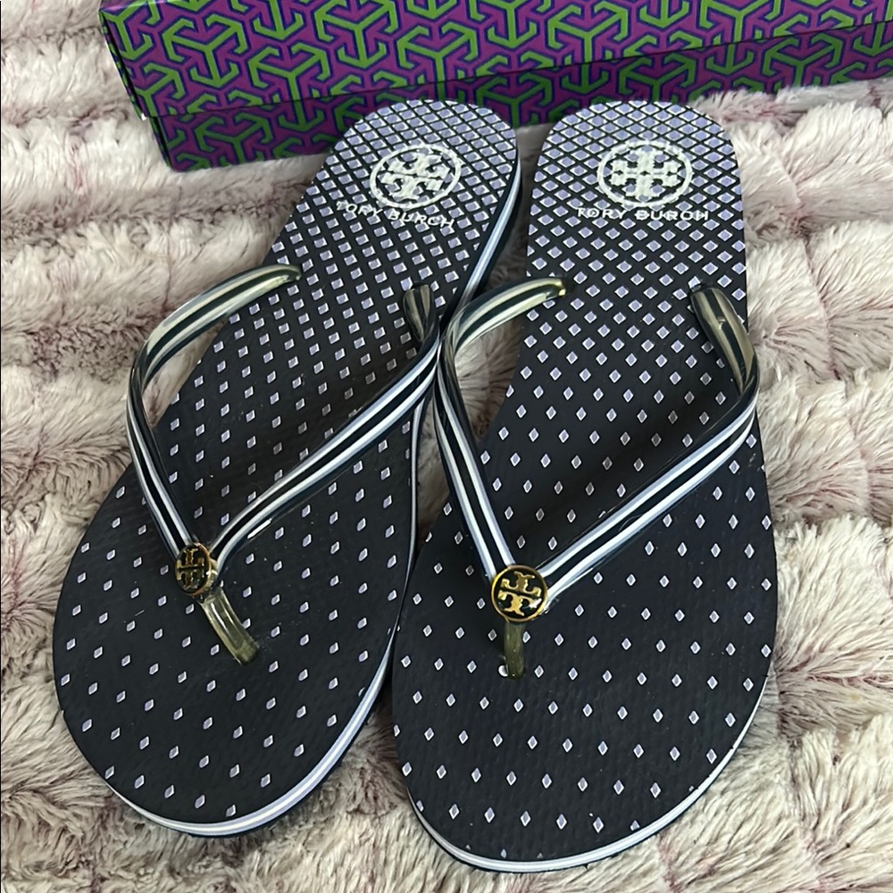 Tory Burch Twilight Navy White Striped Edge Size 11